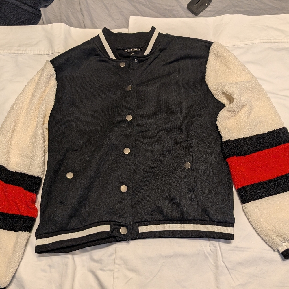 Boohoo Black Varsity Jacket with Red and White Accents